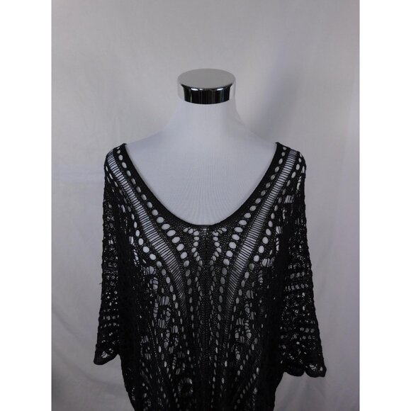 Crochet Poncho Womens One Size Black Boho Open Knit Tassel Hem Cover Up Beach - Picture 2 of 11